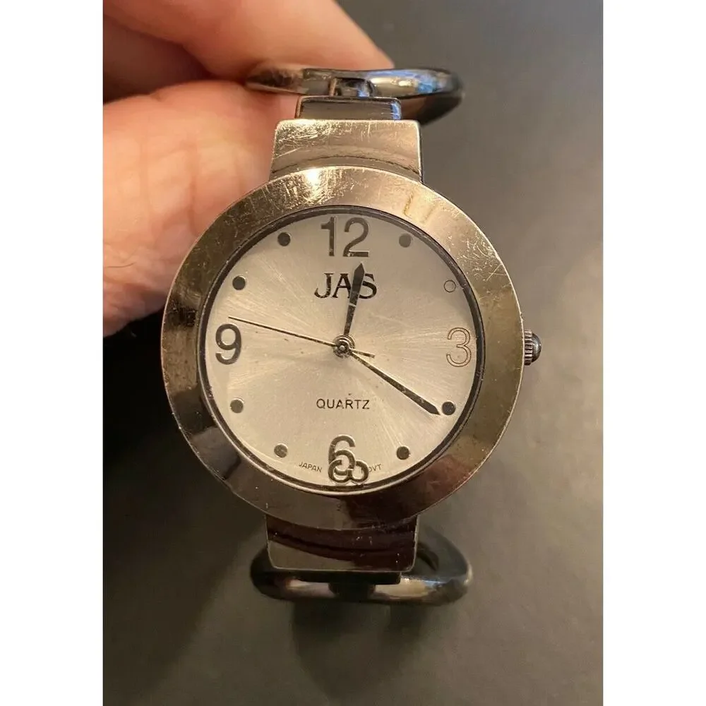 Woman's JAS Watch, Gun Metal Tone Bangle Bracelet Band, New Battery